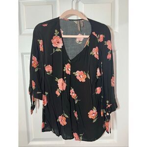 Brina & Em Black Floral Sheer Blouse | Tie Sleeve | Size L